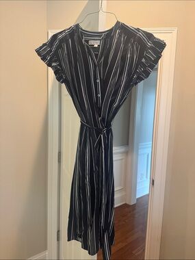 Loft Navy  & White Striped Tie-Waist Dress
